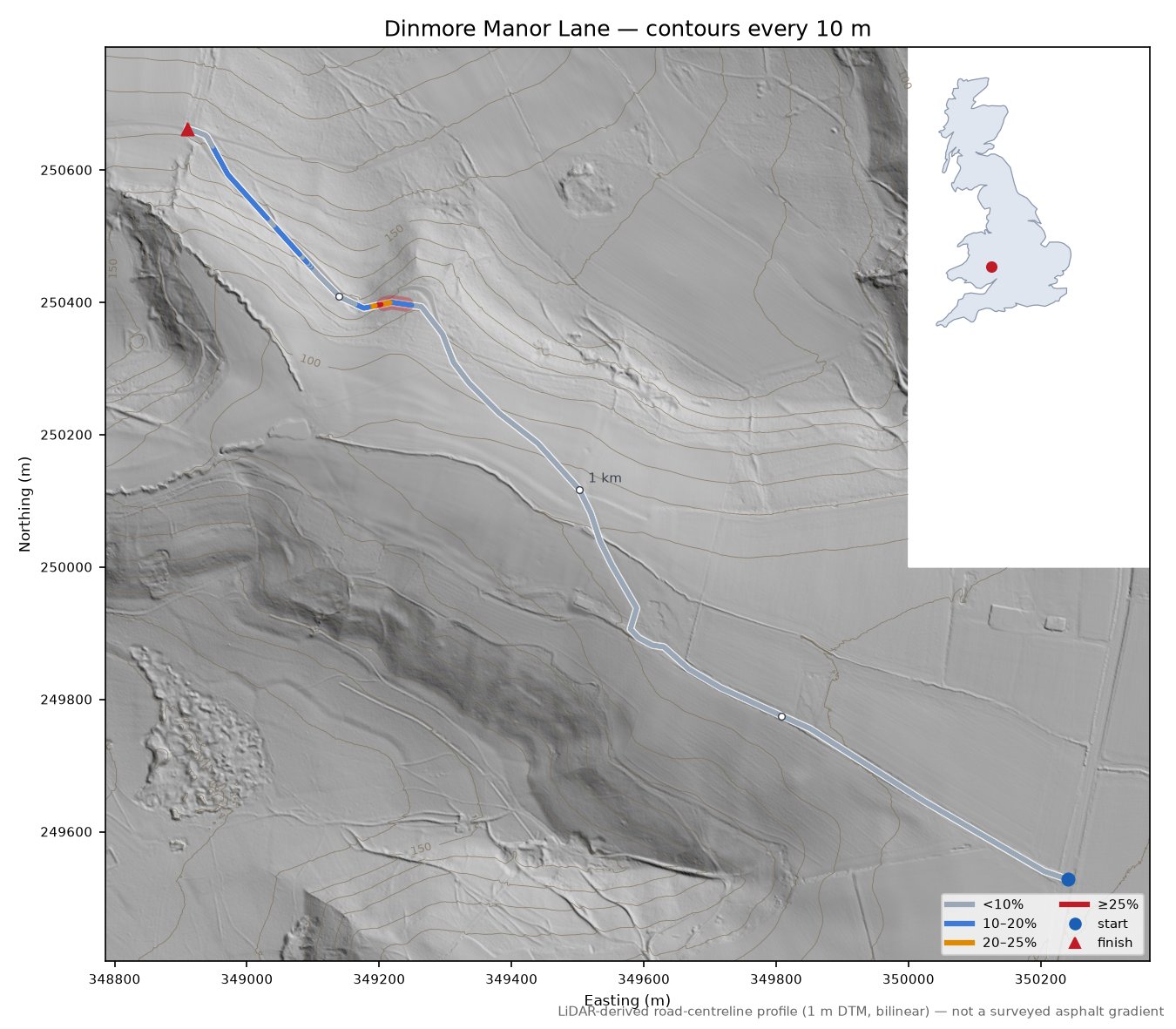 Dinmore Manor Lane LiDAR hillshade map with contours