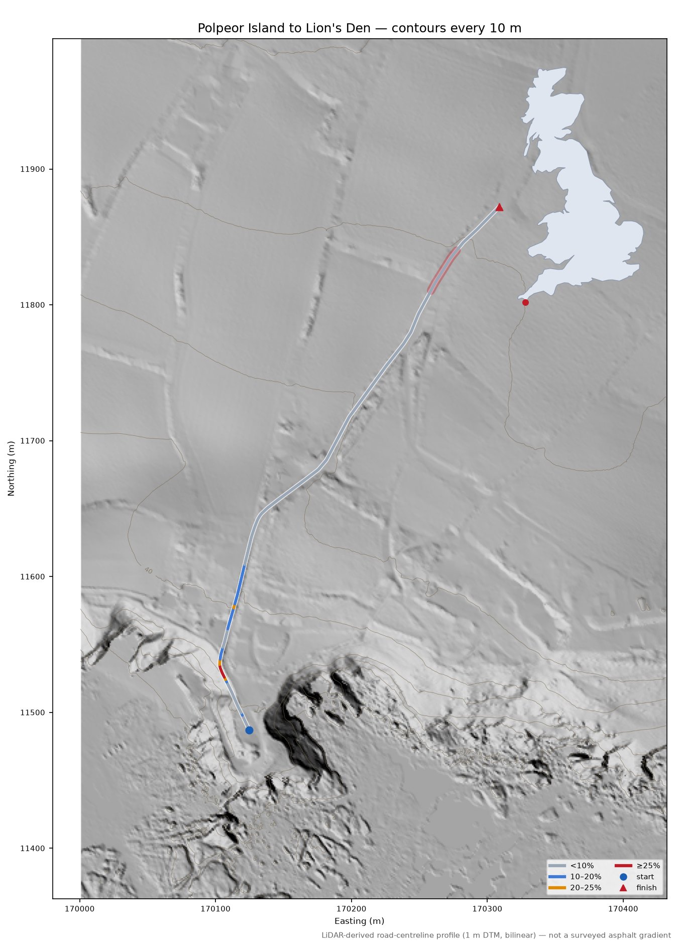 Polpeor Island to Lion's Den LiDAR hillshade map with contours