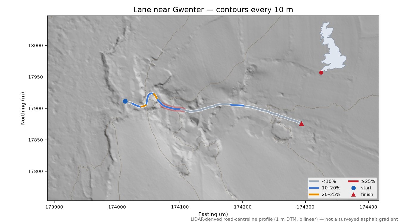 Lane near Gwenter LiDAR hillshade map with contours