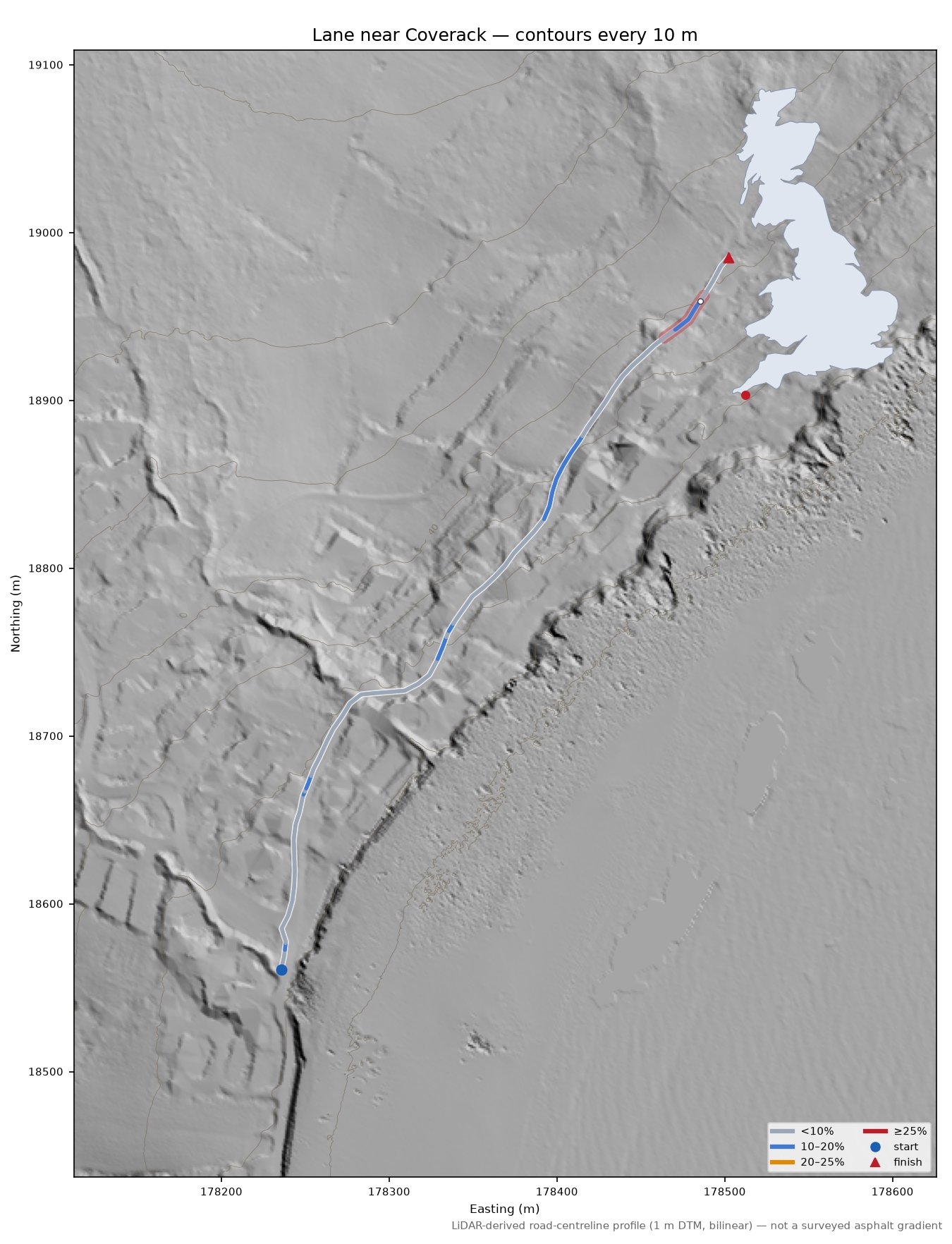 Lane near Coverack LiDAR hillshade map with contours