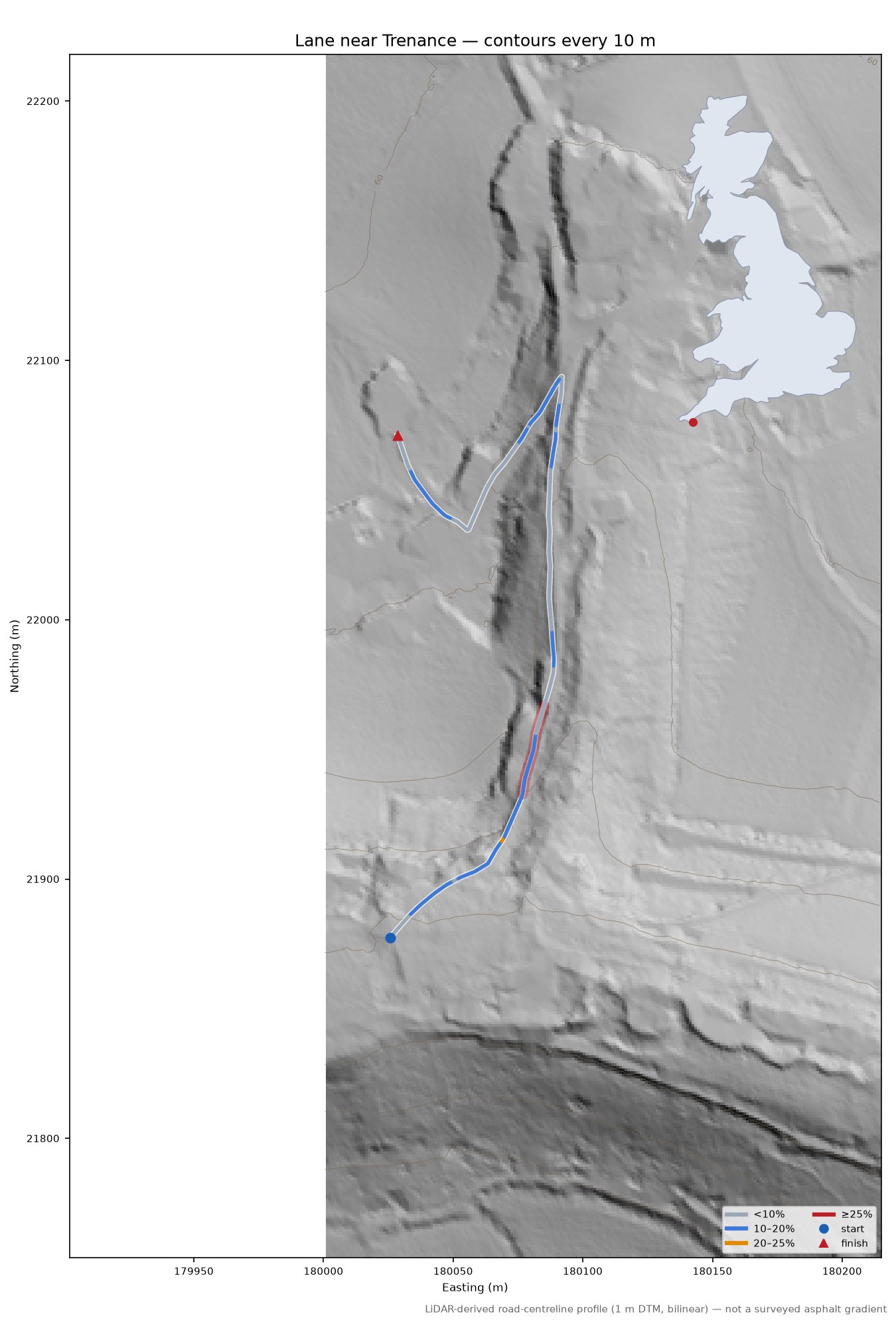 Lane near Trenance LiDAR hillshade map with contours