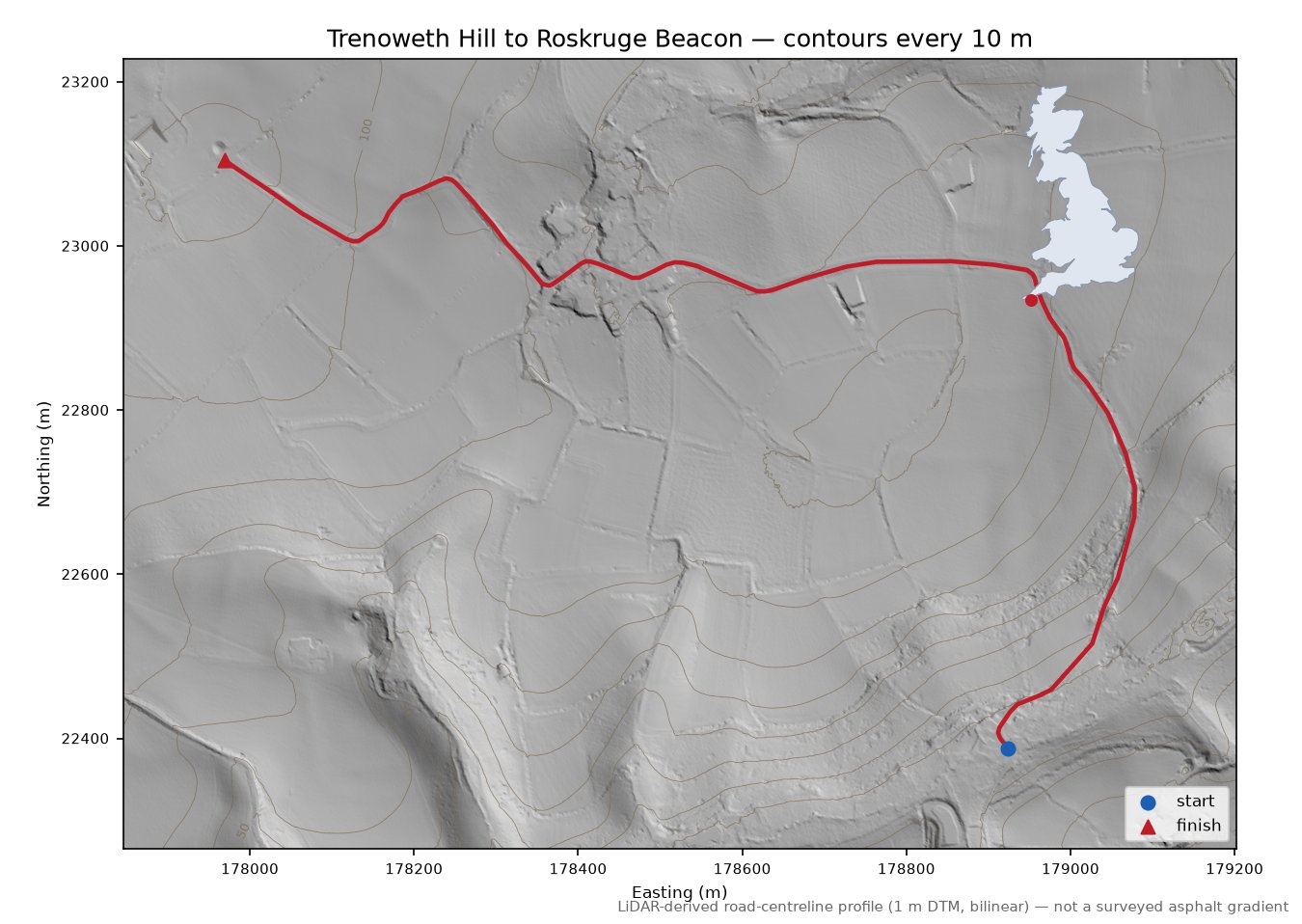 Trenoweth Hill to Roskruge Beacon LiDAR hillshade map with contours