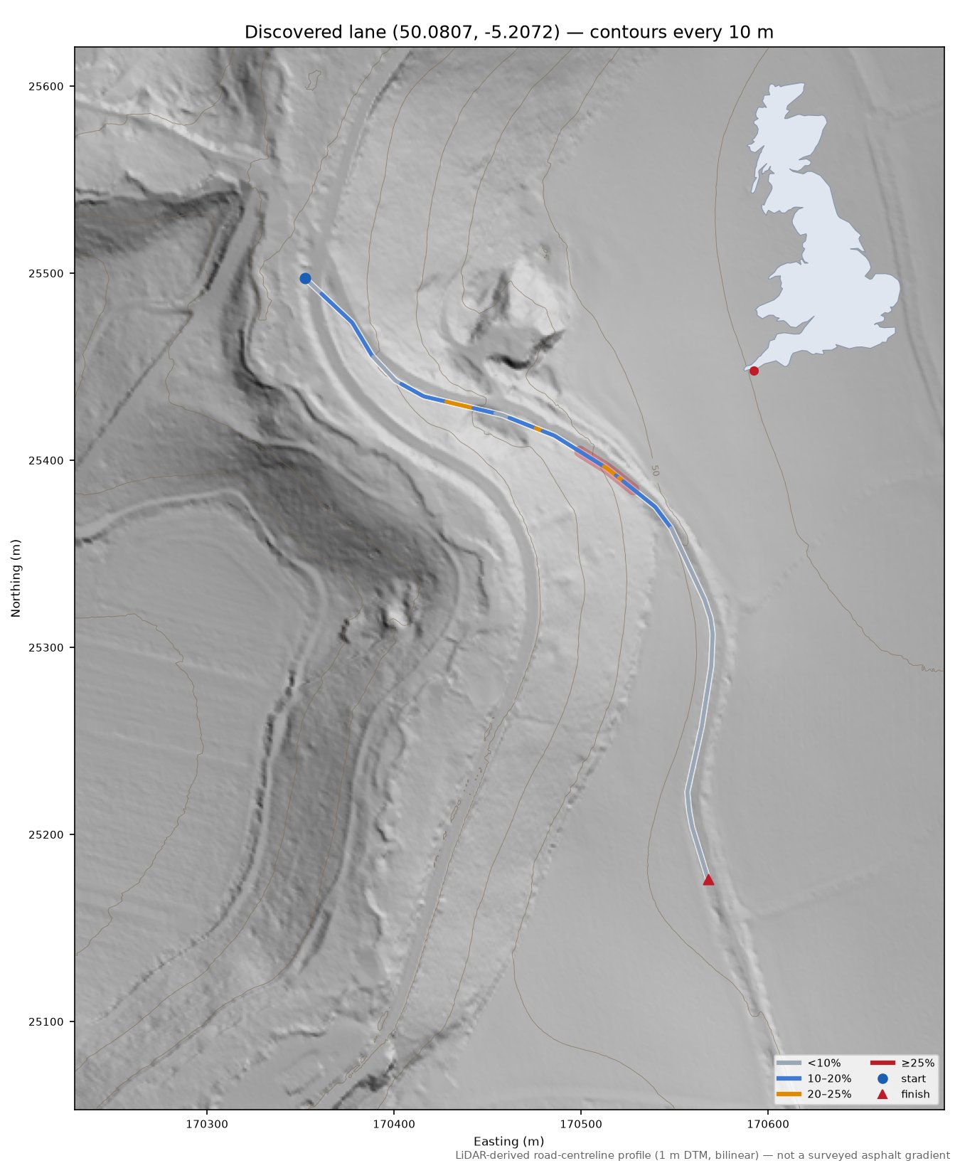 Discovered lane (50.0807, -5.2072) LiDAR hillshade map with contours