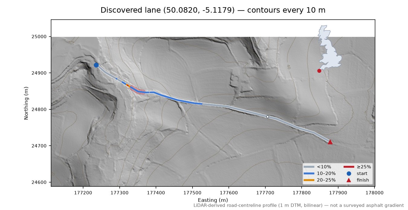 Discovered lane (50.0820, -5.1179) LiDAR hillshade map with contours