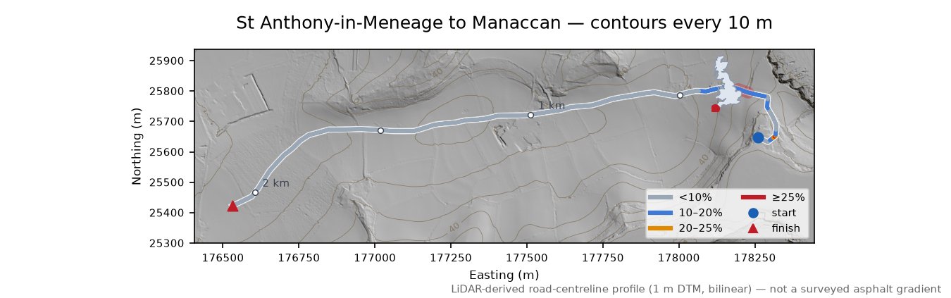 St Anthony-in-Meneage to Manaccan LiDAR hillshade map with contours