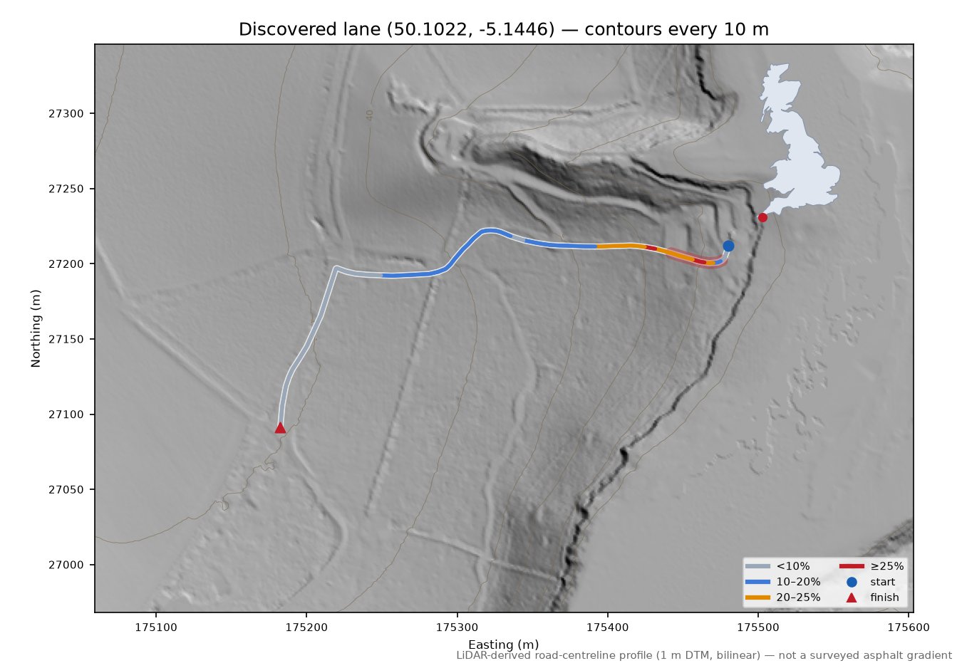 Discovered lane (50.1022, -5.1446) LiDAR hillshade map with contours