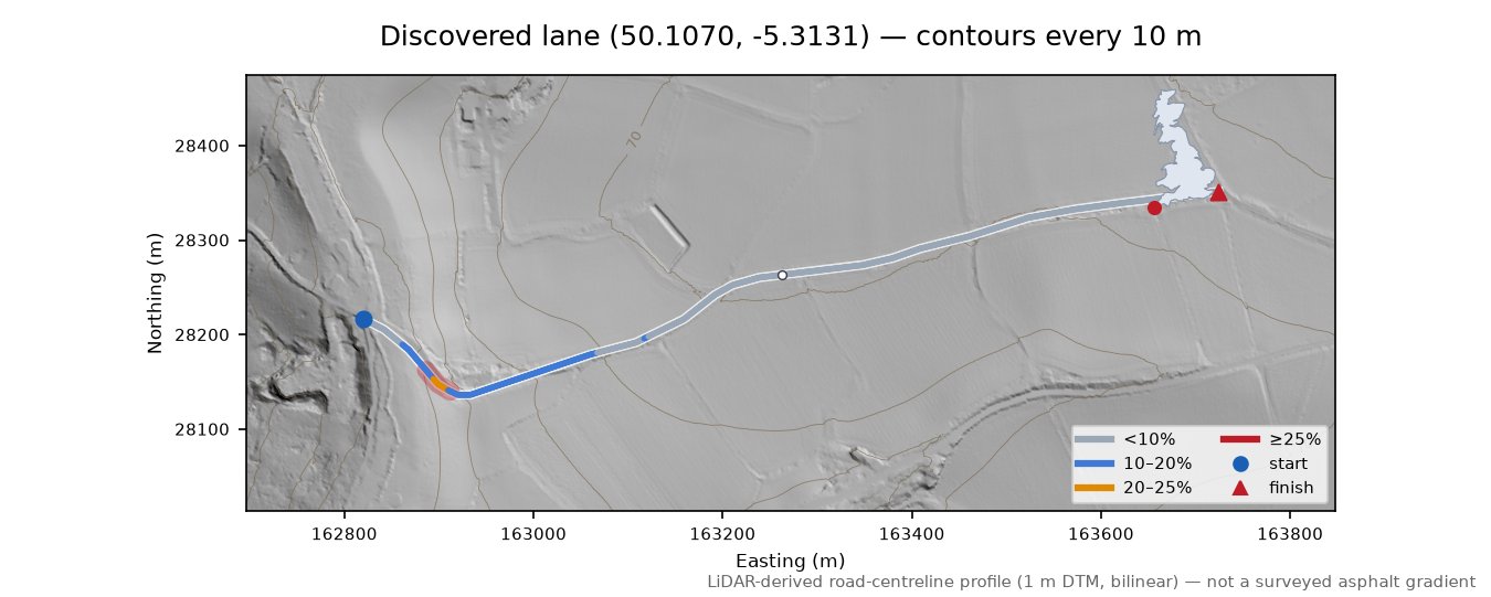 Discovered lane (50.1070, -5.3131) LiDAR hillshade map with contours