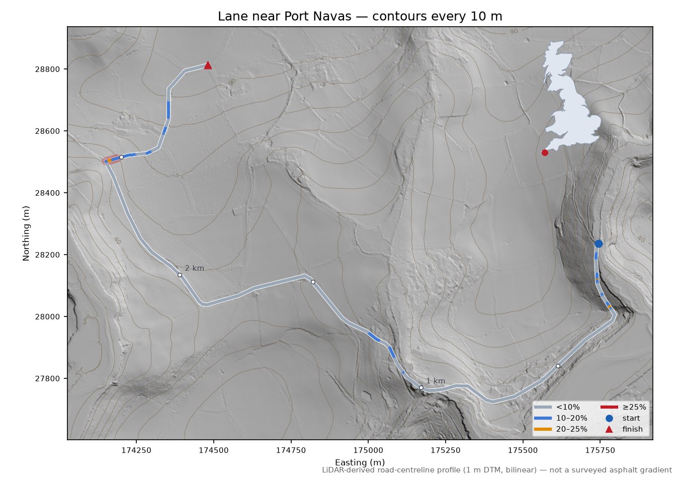 Lane near Port Navas LiDAR hillshade map with contours