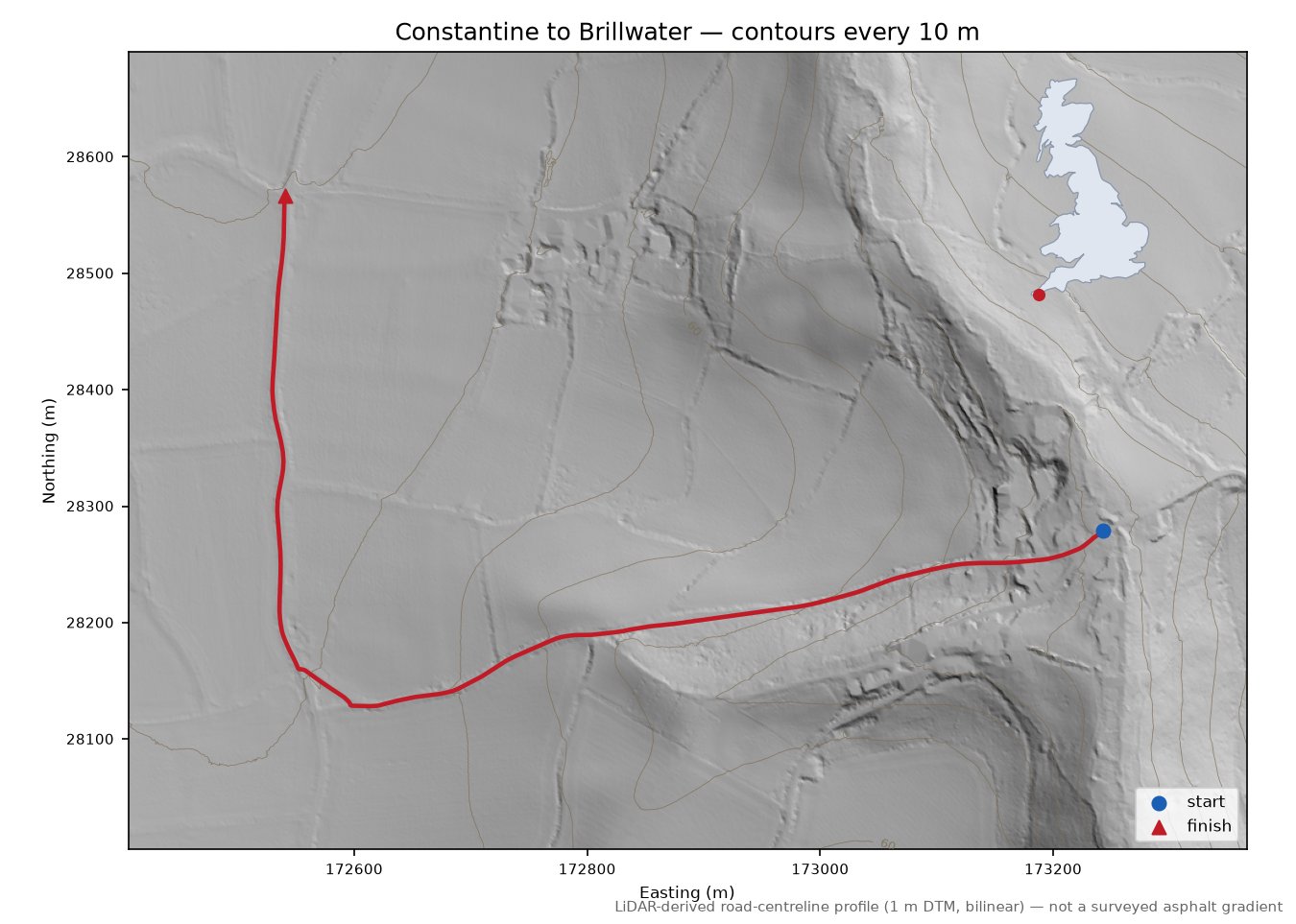 Constantine to Brillwater LiDAR hillshade map with contours