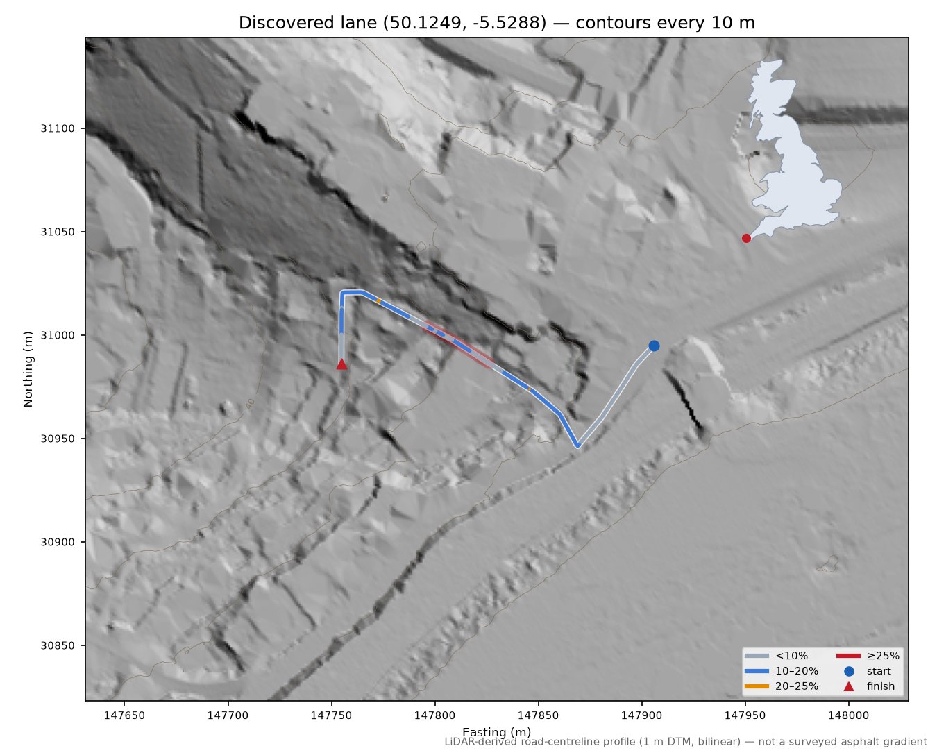 Discovered lane (50.1249, -5.5288) LiDAR hillshade map with contours