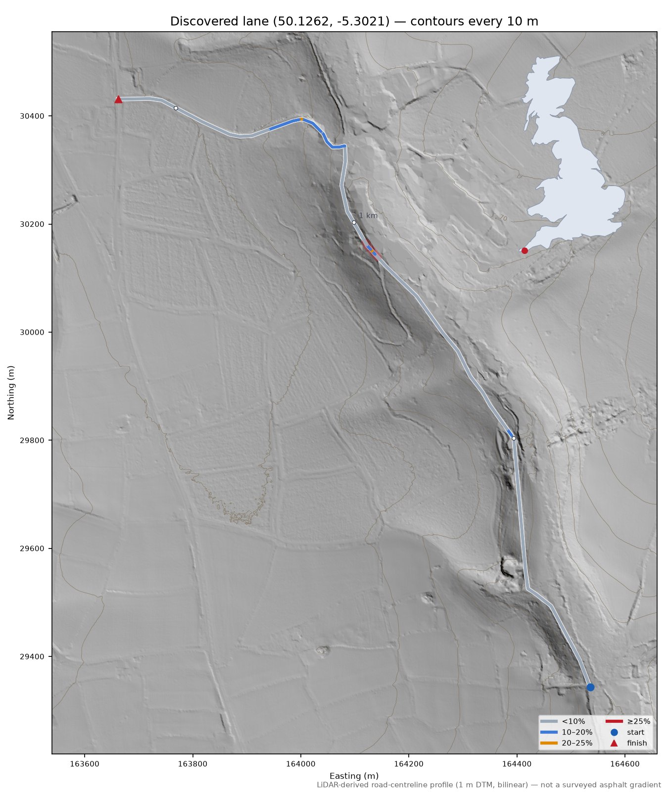 Discovered lane (50.1262, -5.3021) LiDAR hillshade map with contours