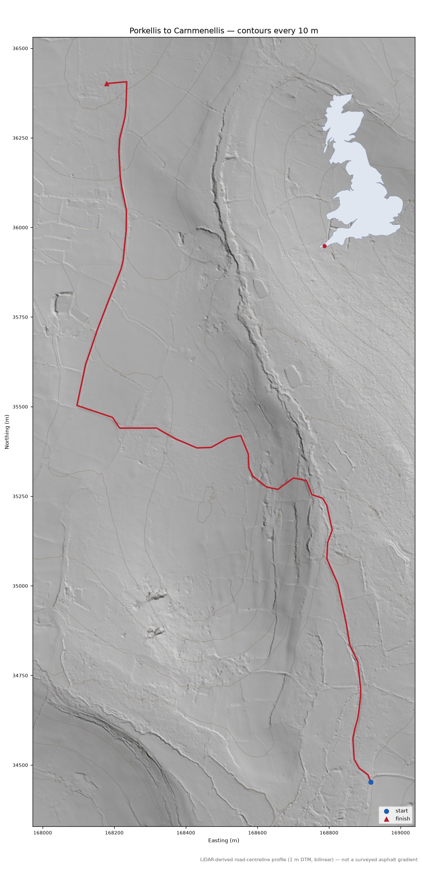 Porkellis to Carnmenellis LiDAR hillshade map with contours