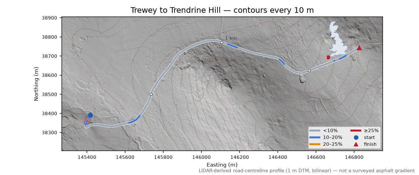 Trewey to Trendrine Hill LiDAR hillshade map with contours