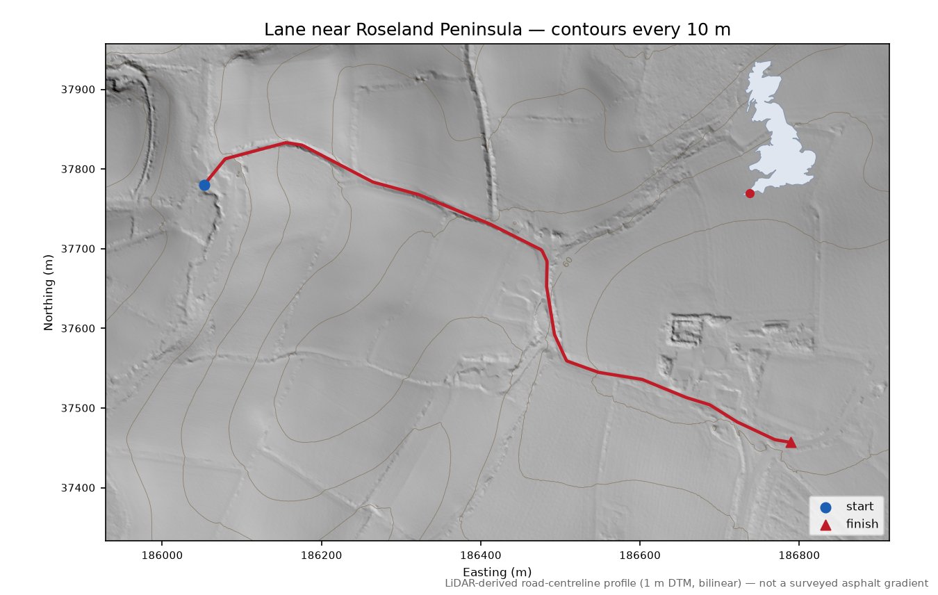 Lane near Roseland Peninsula LiDAR hillshade map with contours