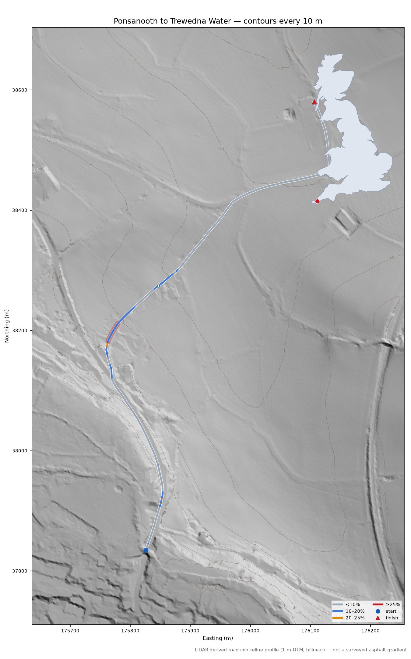 Ponsanooth to Trewedna Water LiDAR hillshade map with contours