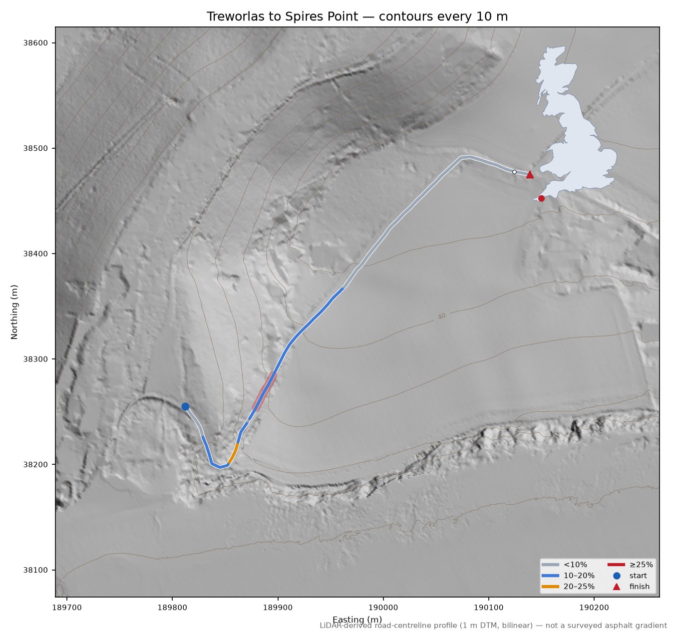 Treworlas to Spires Point LiDAR hillshade map with contours