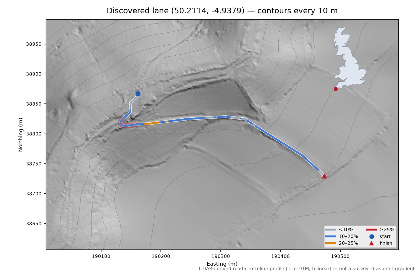 Discovered lane (50.2114, -4.9379) LiDAR hillshade map with contours