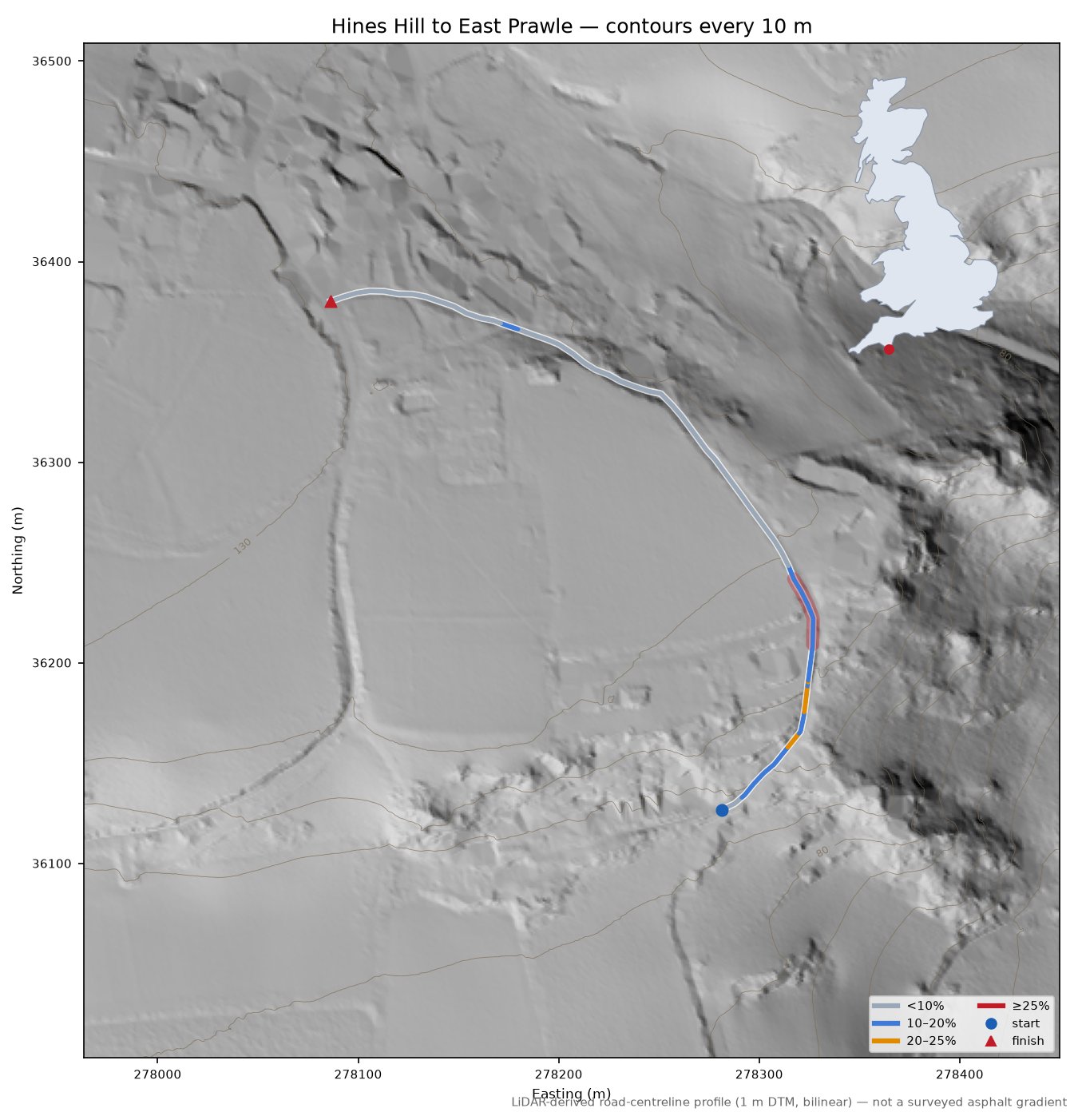 Hines Hill to East Prawle LiDAR hillshade map with contours