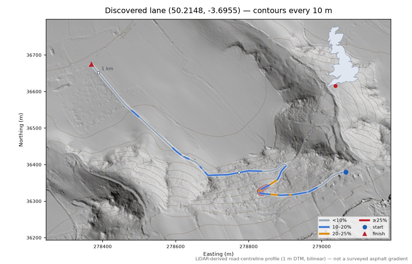 Discovered lane (50.2148, -3.6955) LiDAR hillshade map with contours