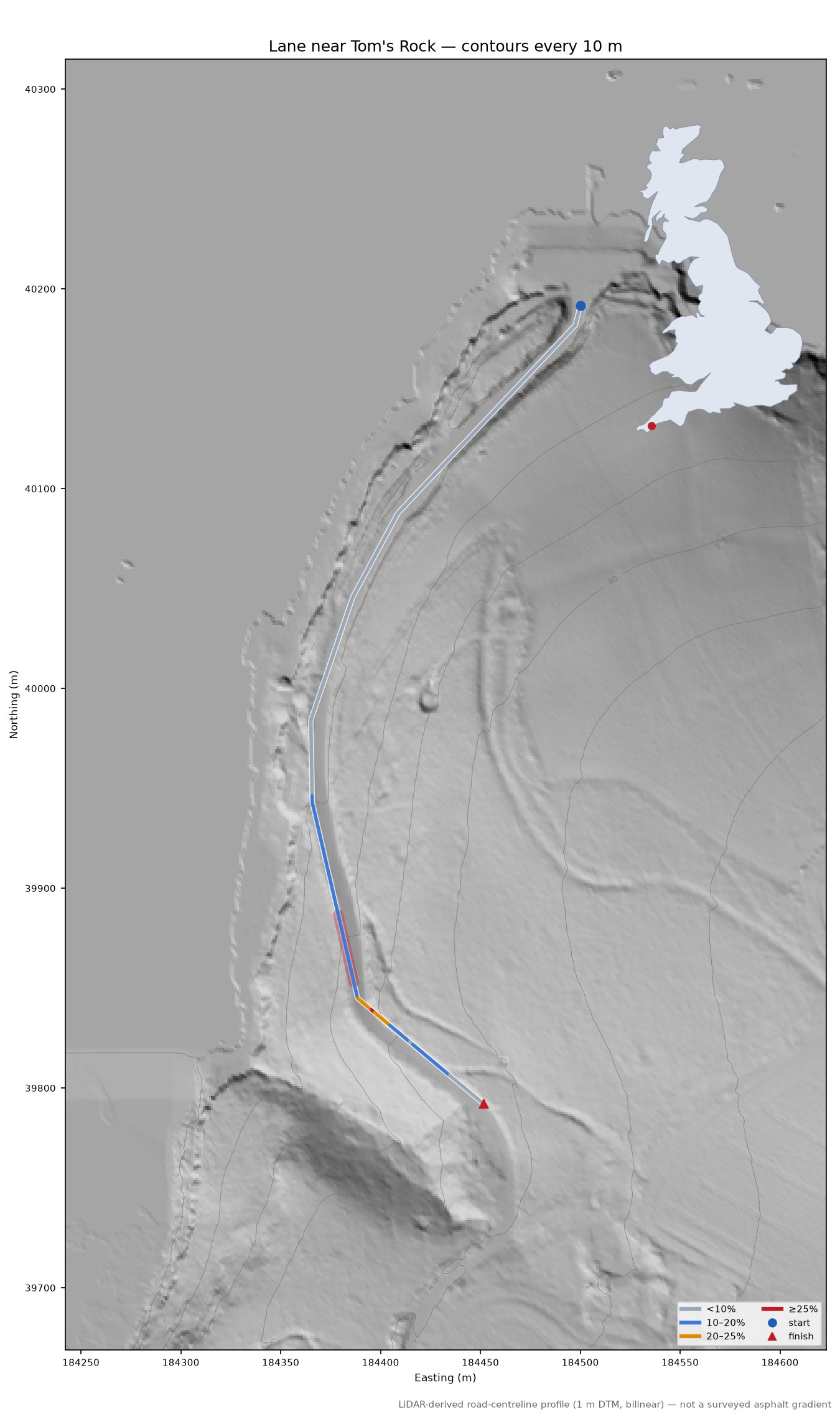 Lane near Tom's Rock LiDAR hillshade map with contours