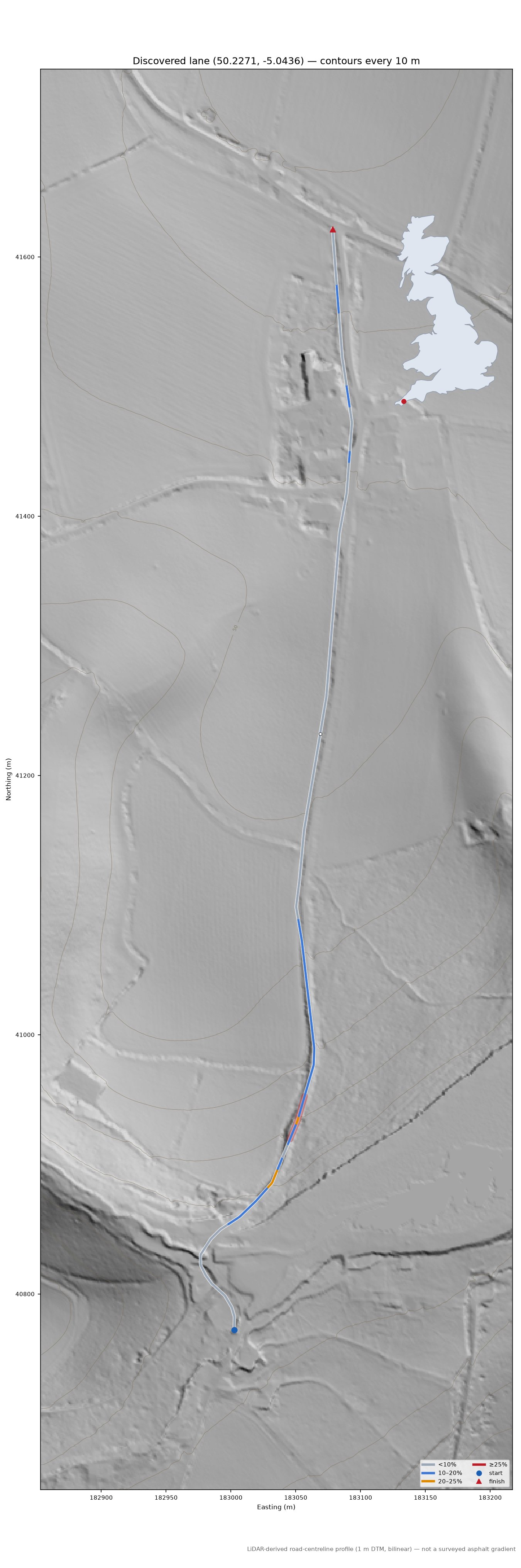 Discovered lane (50.2271, -5.0436) LiDAR hillshade map with contours