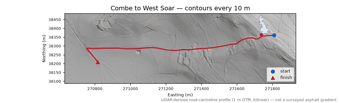 Combe to West Soar LiDAR hillshade map with contours