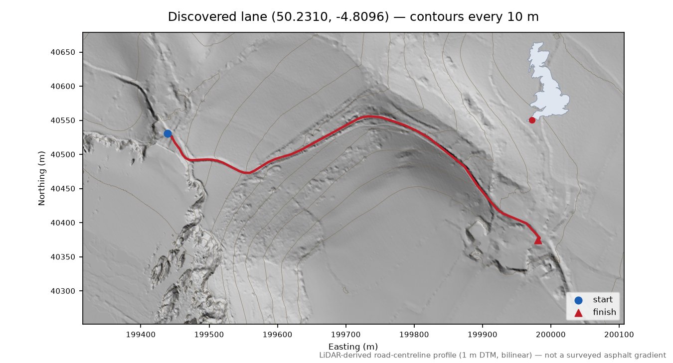 Discovered lane (50.2310, -4.8096) LiDAR hillshade map with contours