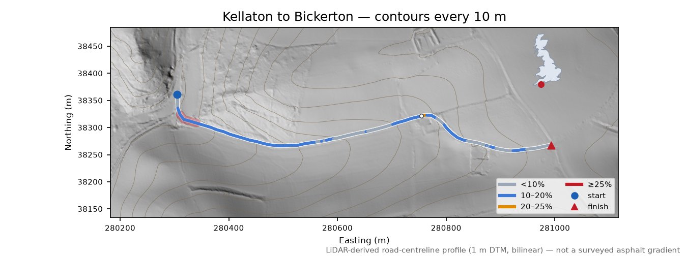 Kellaton to Bickerton LiDAR hillshade map with contours
