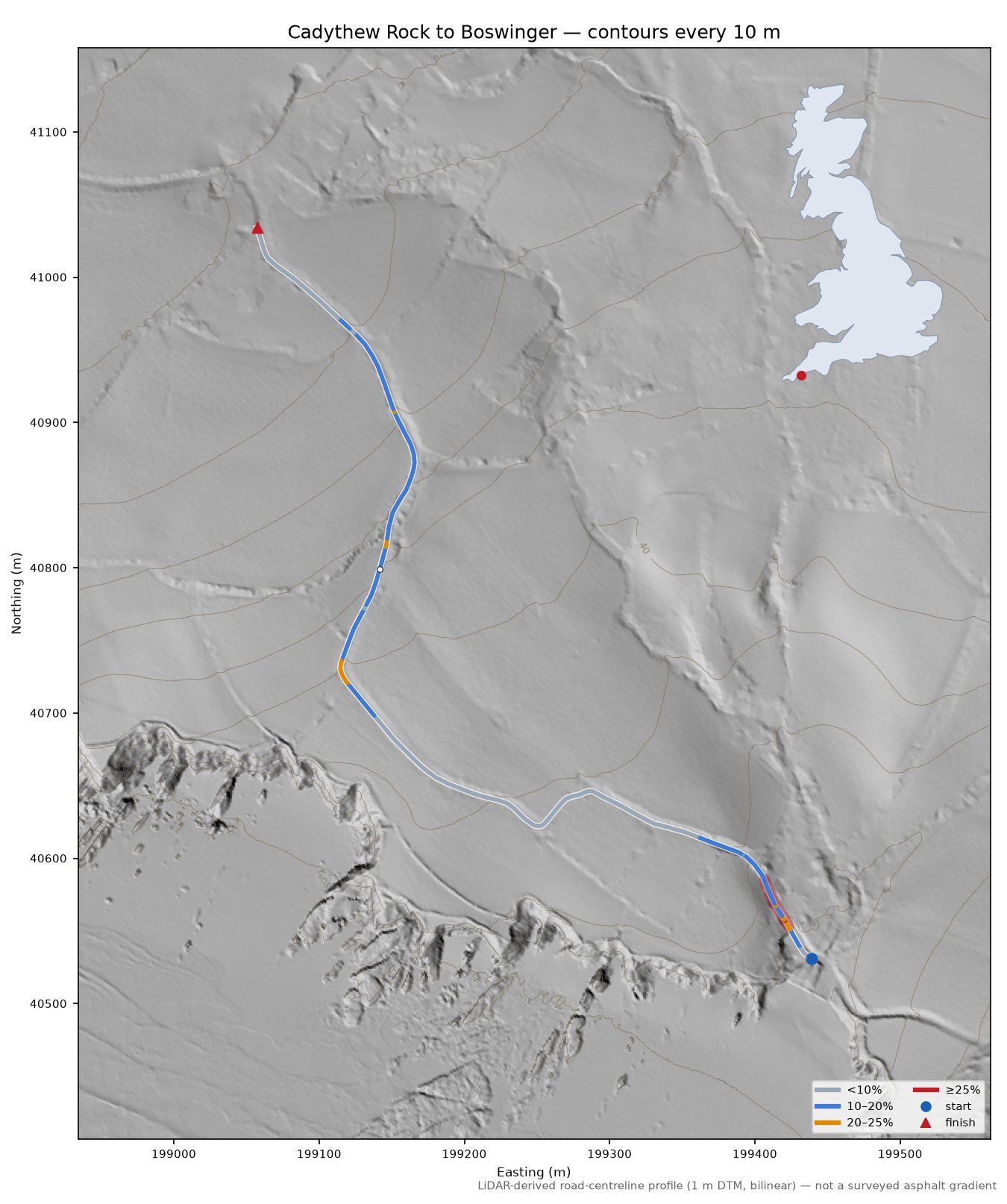 Cadythew Rock to Boswinger LiDAR hillshade map with contours