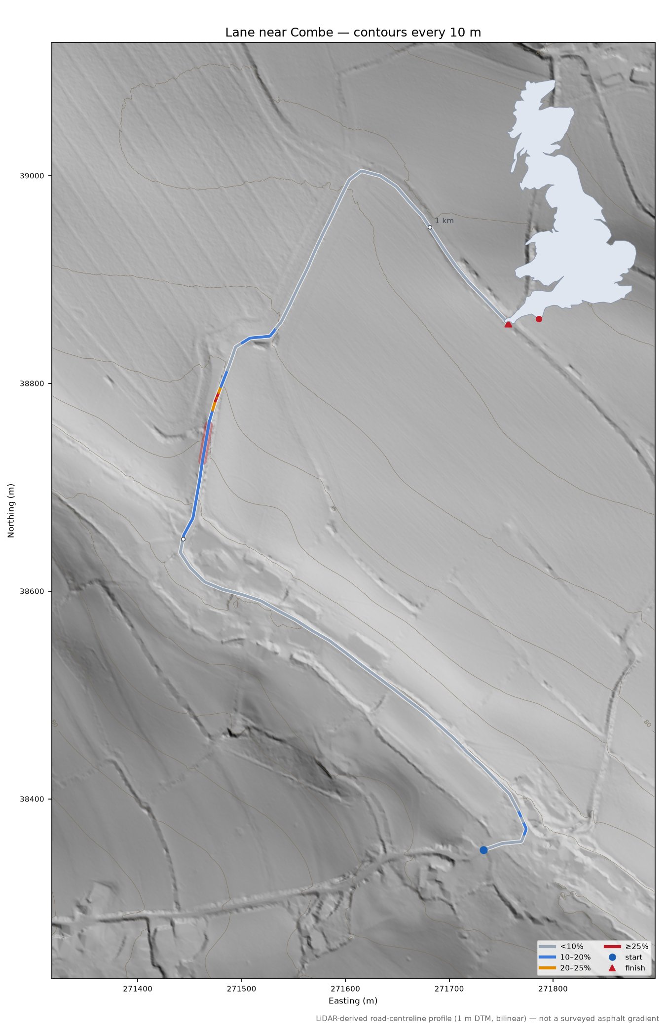 Lane near Combe LiDAR hillshade map with contours