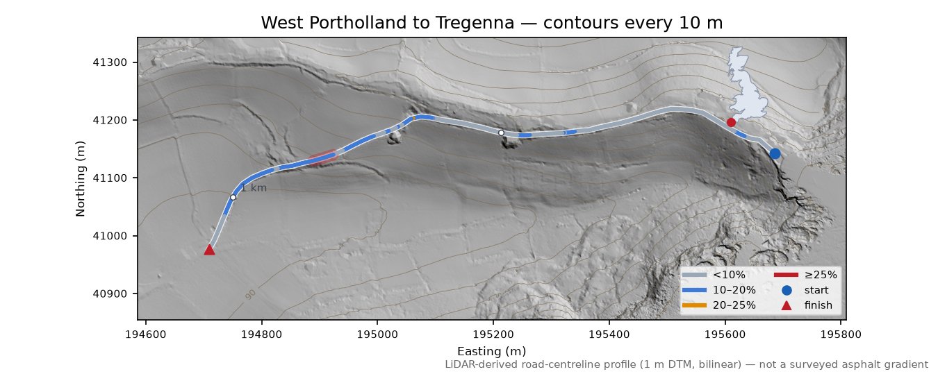 West Portholland to Tregenna LiDAR hillshade map with contours