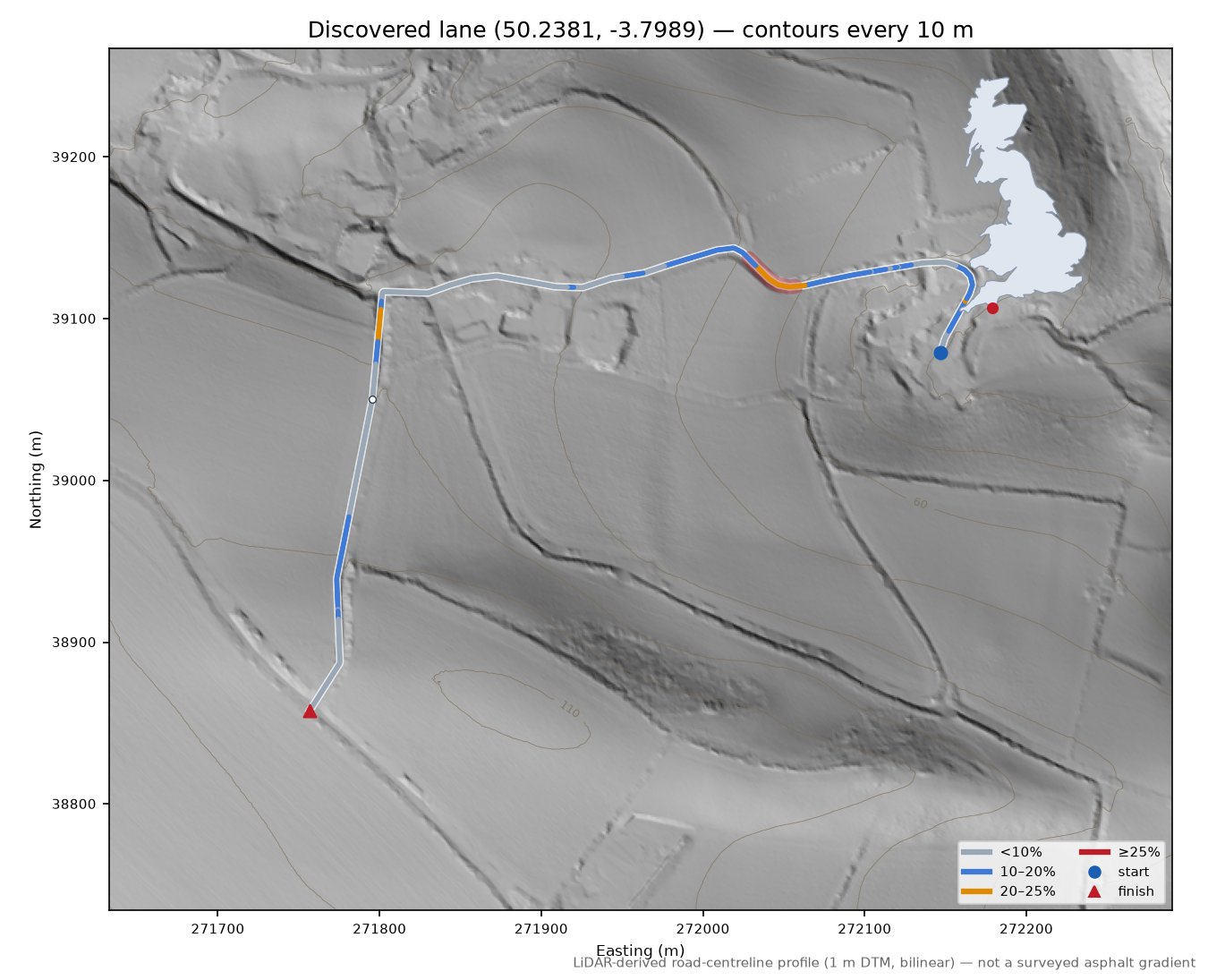 Discovered lane (50.2381, -3.7989) LiDAR hillshade map with contours