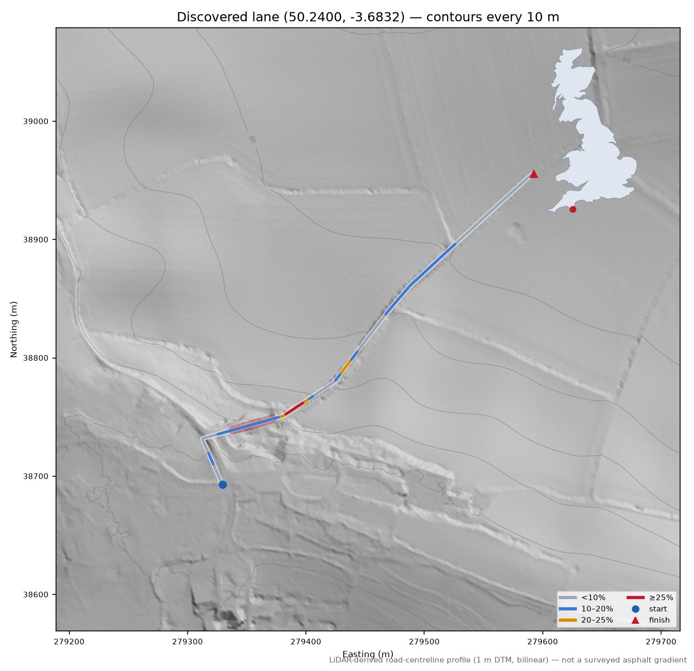 Discovered lane (50.2400, -3.6832) LiDAR hillshade map with contours