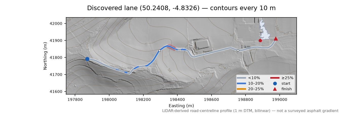 Discovered lane (50.2408, -4.8326) LiDAR hillshade map with contours