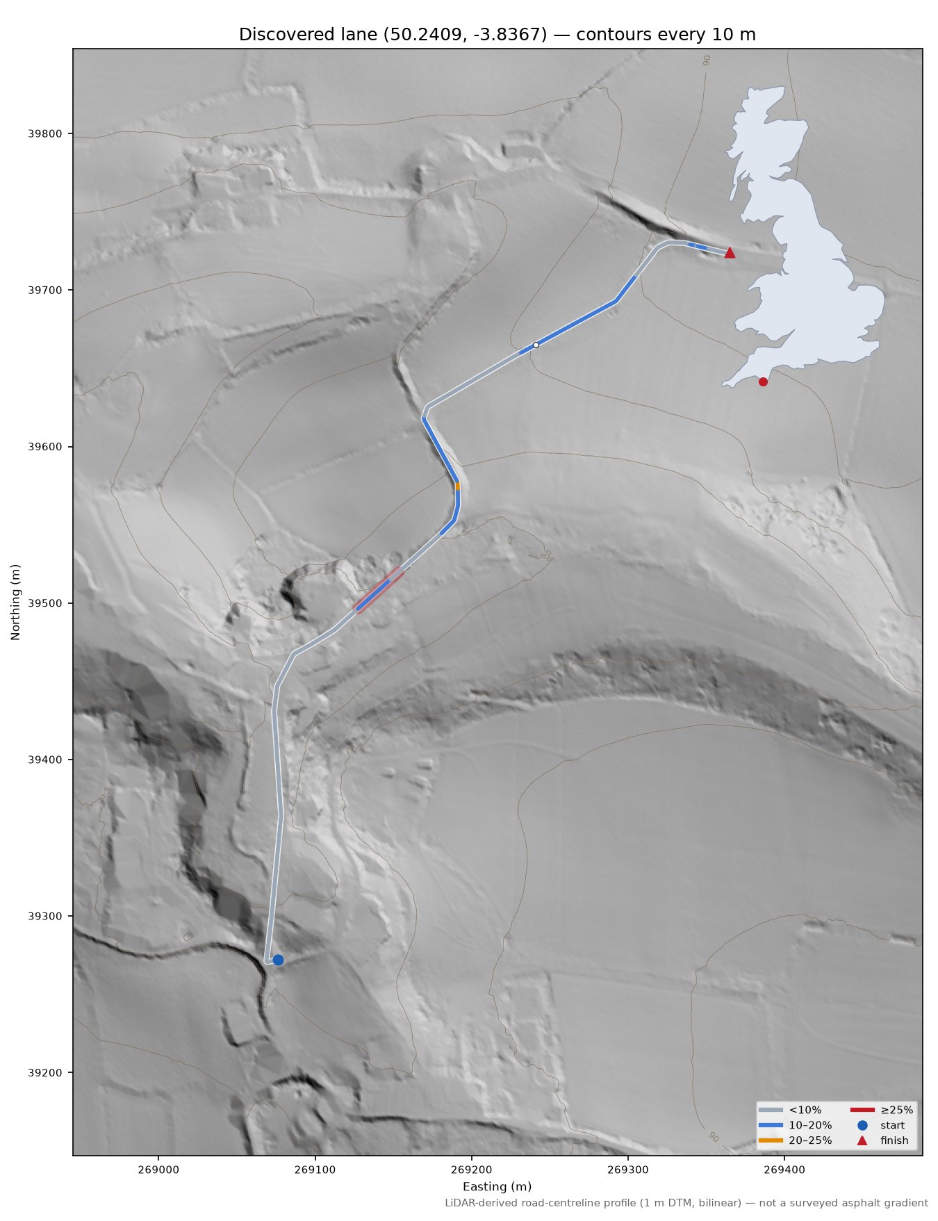 Discovered lane (50.2409, -3.8367) LiDAR hillshade map with contours