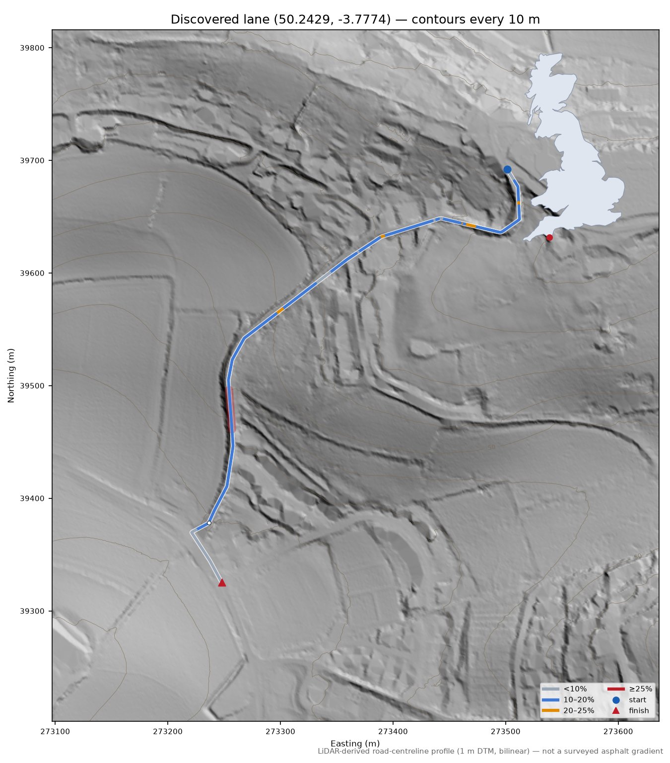 Discovered lane (50.2429, -3.7774) LiDAR hillshade map with contours