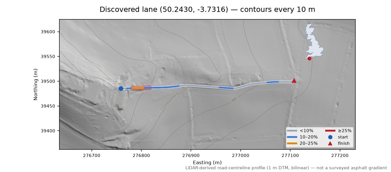 Discovered lane (50.2430, -3.7316) LiDAR hillshade map with contours