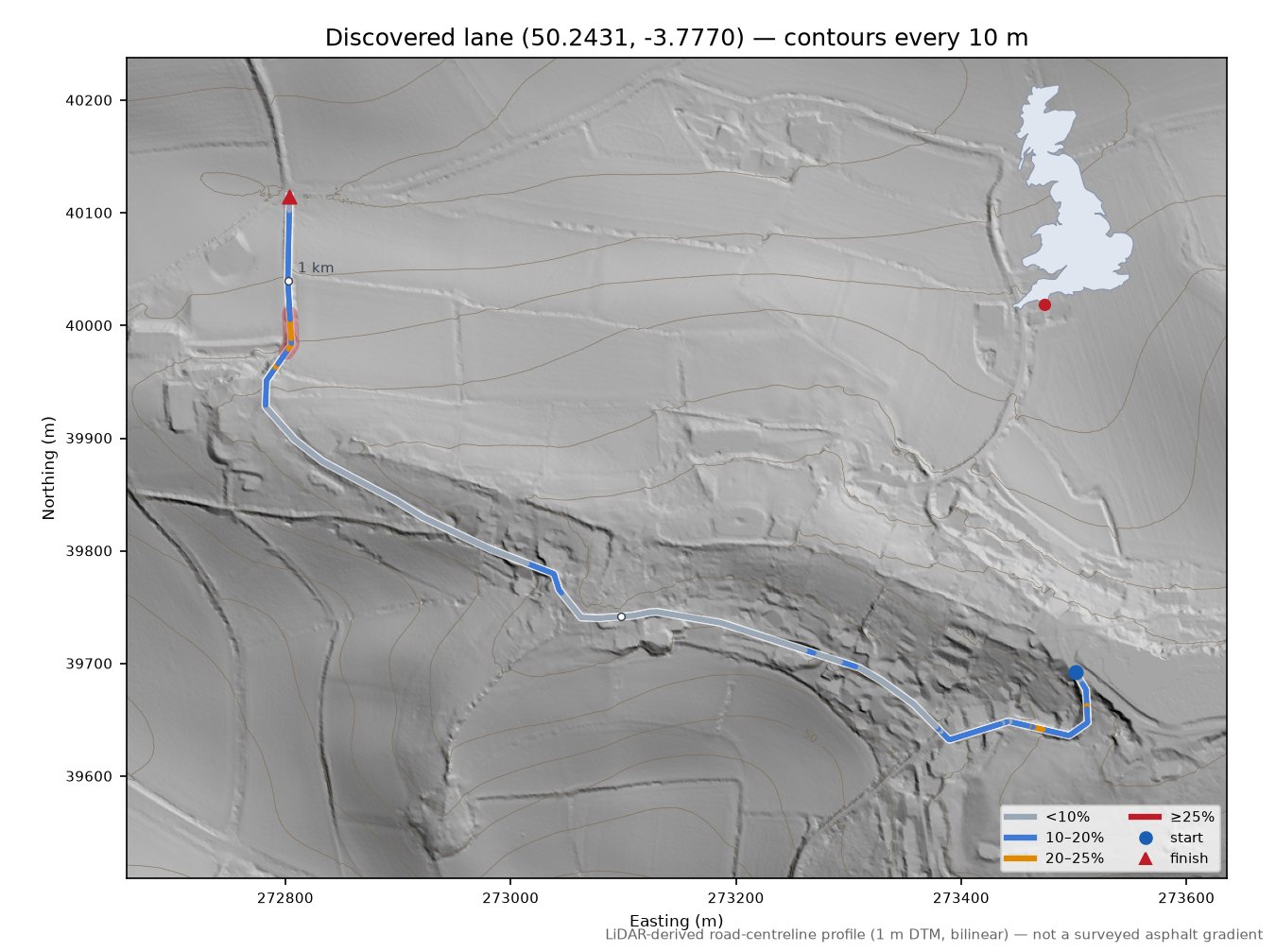 Discovered lane (50.2431, -3.7770) LiDAR hillshade map with contours