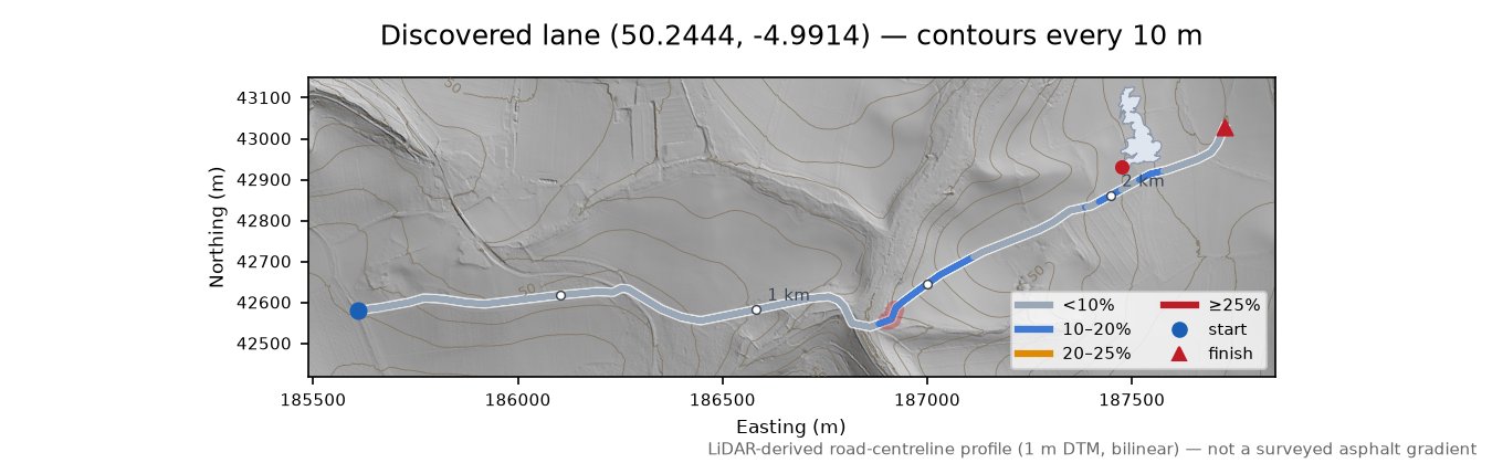 Discovered lane (50.2444, -4.9914) LiDAR hillshade map with contours