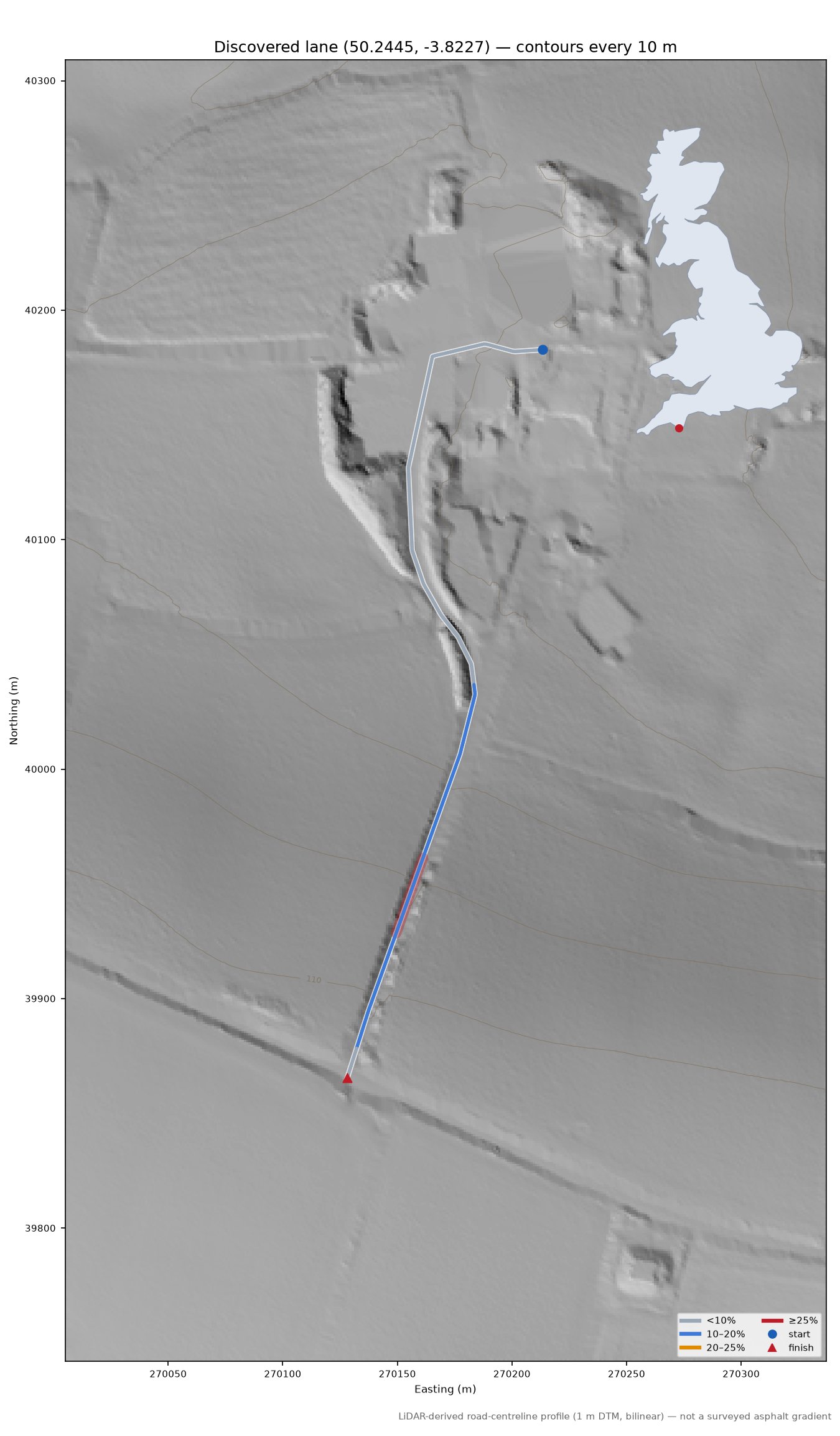 Discovered lane (50.2445, -3.8227) LiDAR hillshade map with contours