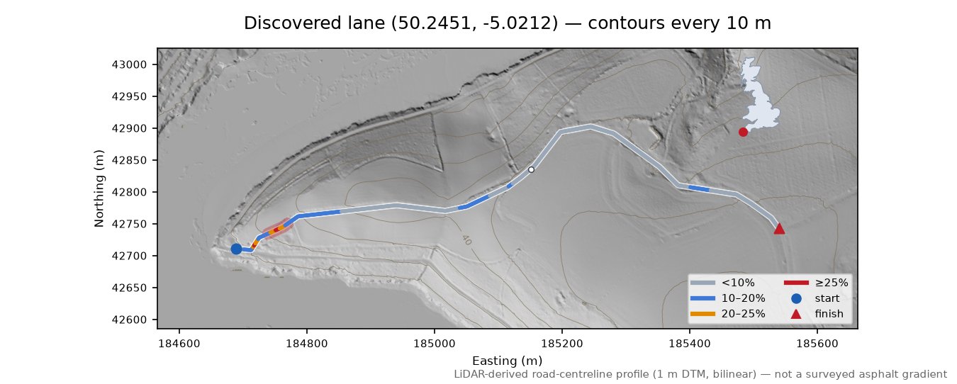 Discovered lane (50.2451, -5.0212) LiDAR hillshade map with contours