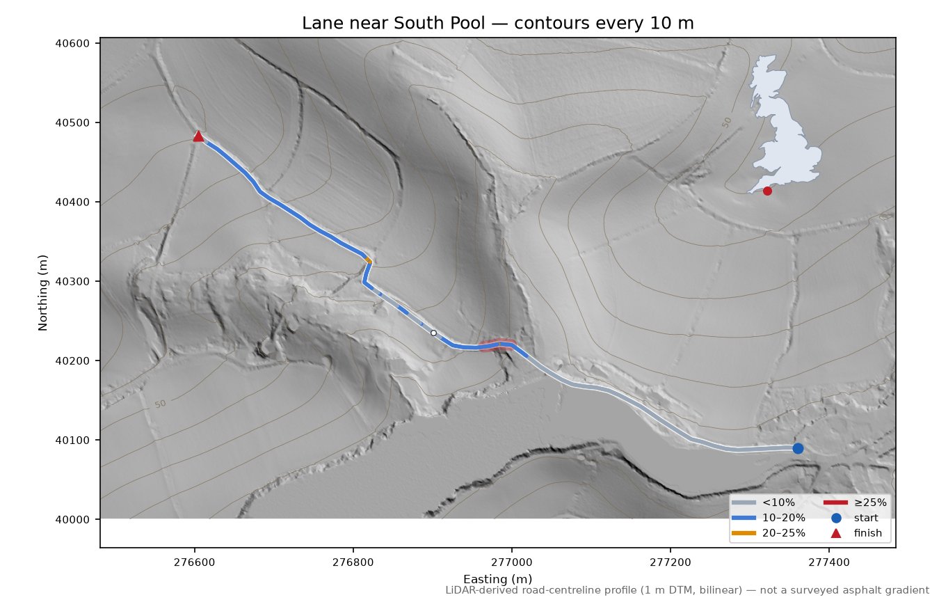 Lane near South Pool LiDAR hillshade map with contours