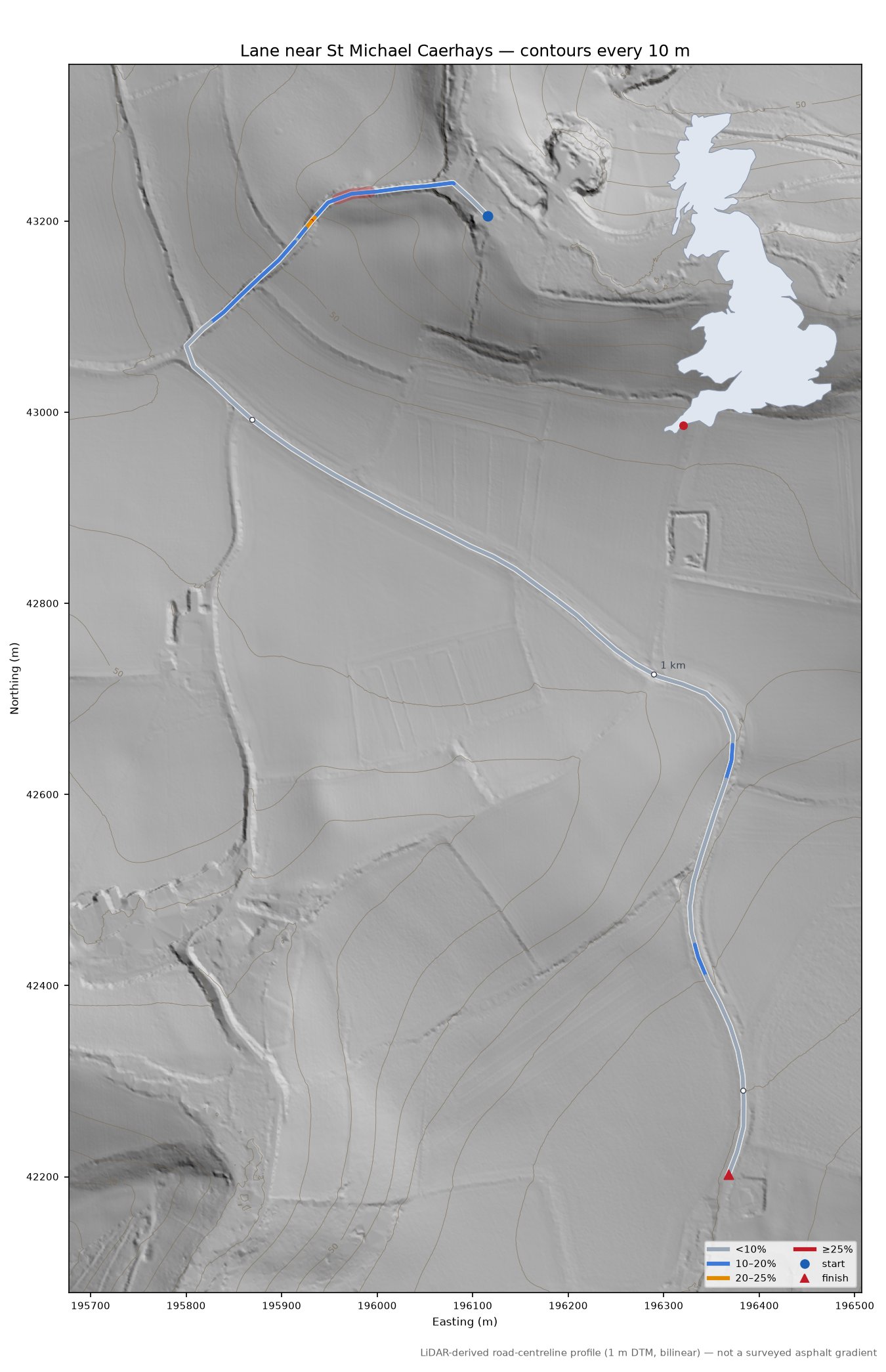 Lane near St Michael Caerhays LiDAR hillshade map with contours