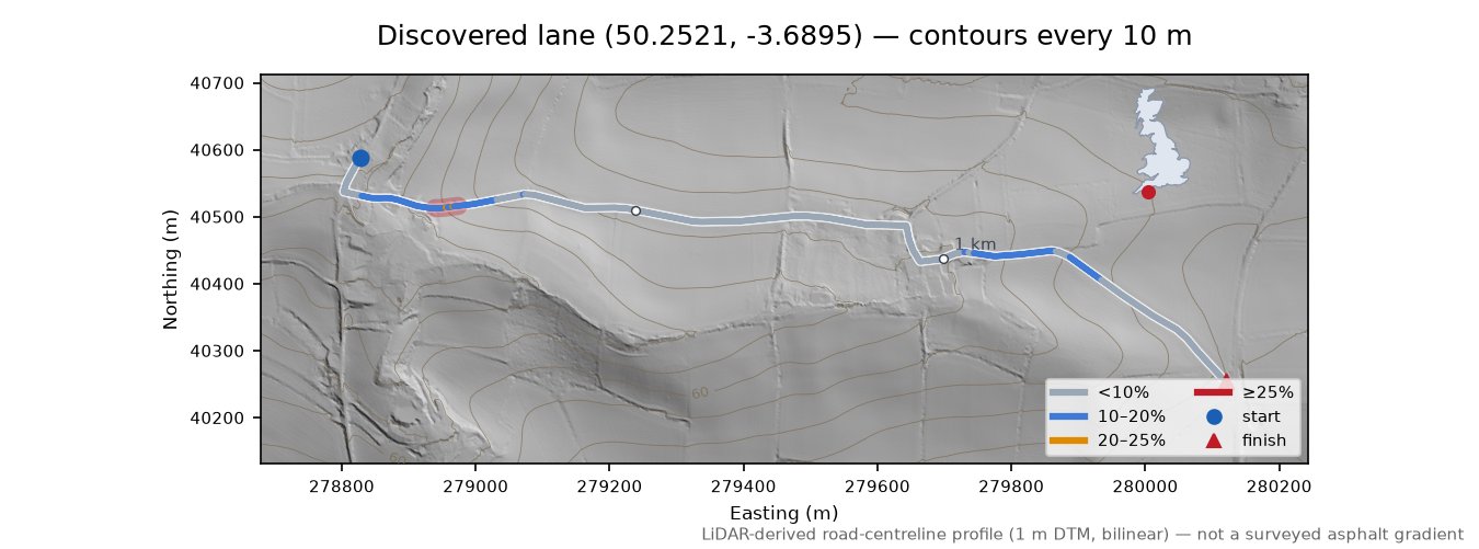 Discovered lane (50.2521, -3.6895) LiDAR hillshade map with contours