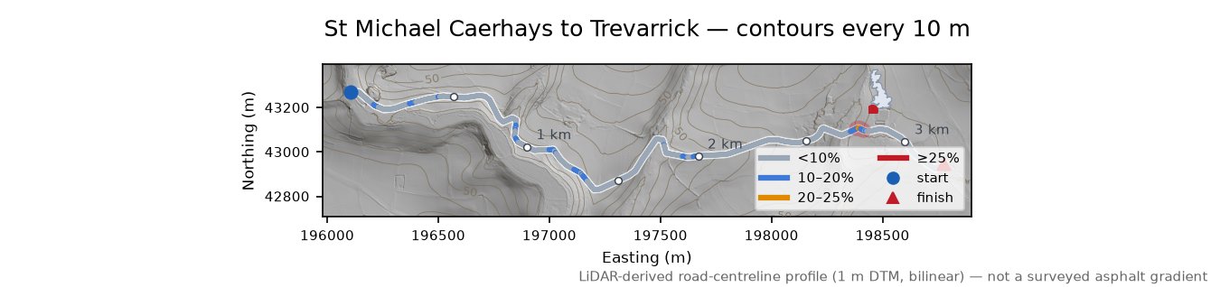 St Michael Caerhays to Trevarrick LiDAR hillshade map with contours