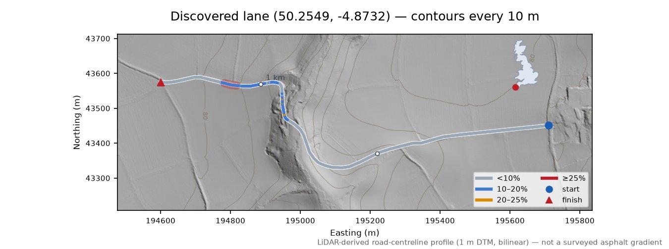 Discovered lane (50.2549, -4.8732) LiDAR hillshade map with contours