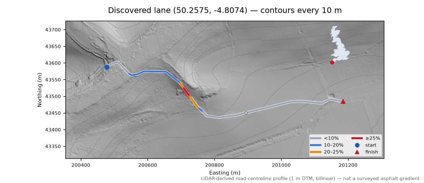 Discovered lane (50.2575, -4.8074) LiDAR hillshade map with contours