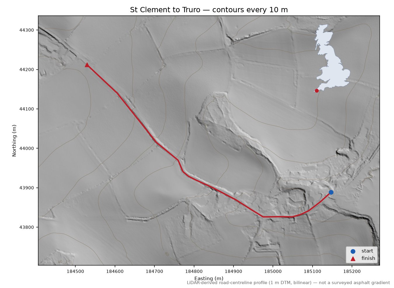 St Clement to Truro LiDAR hillshade map with contours