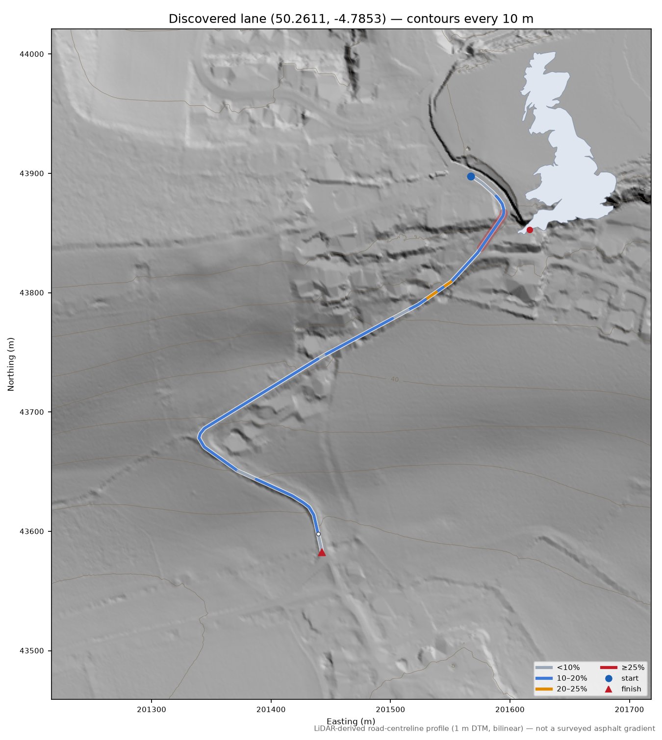 Discovered lane (50.2611, -4.7853) LiDAR hillshade map with contours