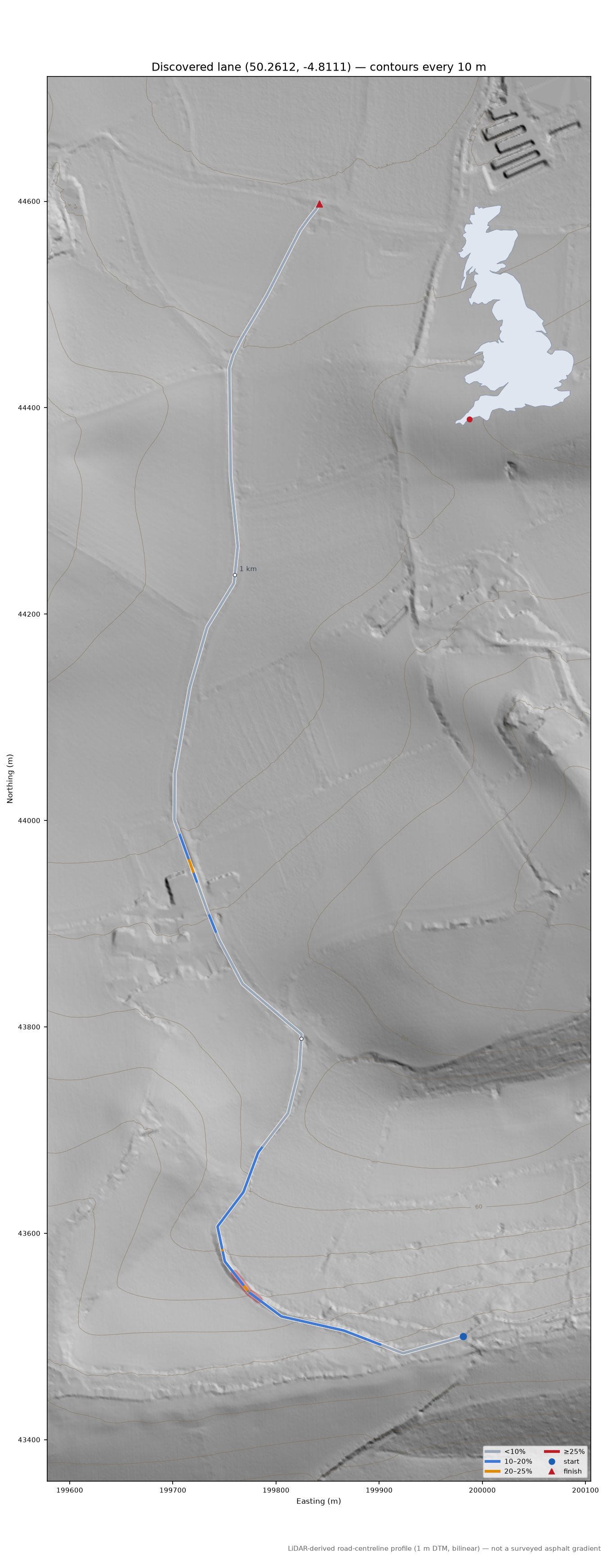 Discovered lane (50.2612, -4.8111) LiDAR hillshade map with contours